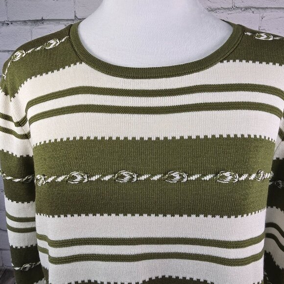 WOMENS ALFRED DUNNER BOLD STRIPED SWEATER DARK OLIVE AND CREAM SIZE MED EUC - Picture 3 of 8